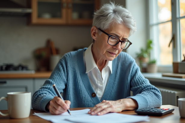Femme retraitée examine des documents de retraite à la maison