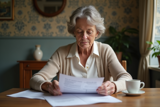 Femme française d'environ 50 ans examine des documents de pension
