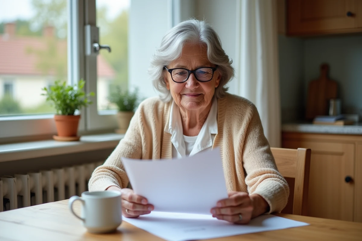 Femme retraitée souriante examine ses papiers de pension à la maison