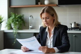 Femme d'âge moyen examine ses relevés bancaires dans une cuisine moderne