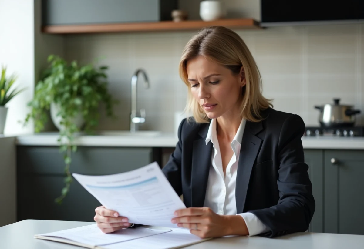 Femme d'âge moyen examine ses relevés bancaires dans une cuisine moderne