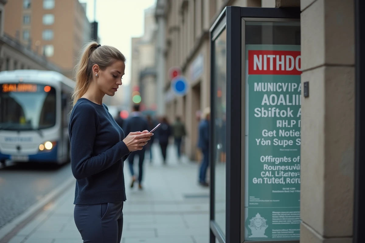 Femme regardant son smartphone près d’un panneau d’affichage municipal