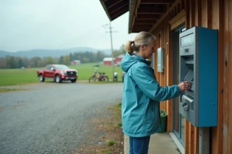 Femme utilisant un ATM extérieur dans un cadre rural