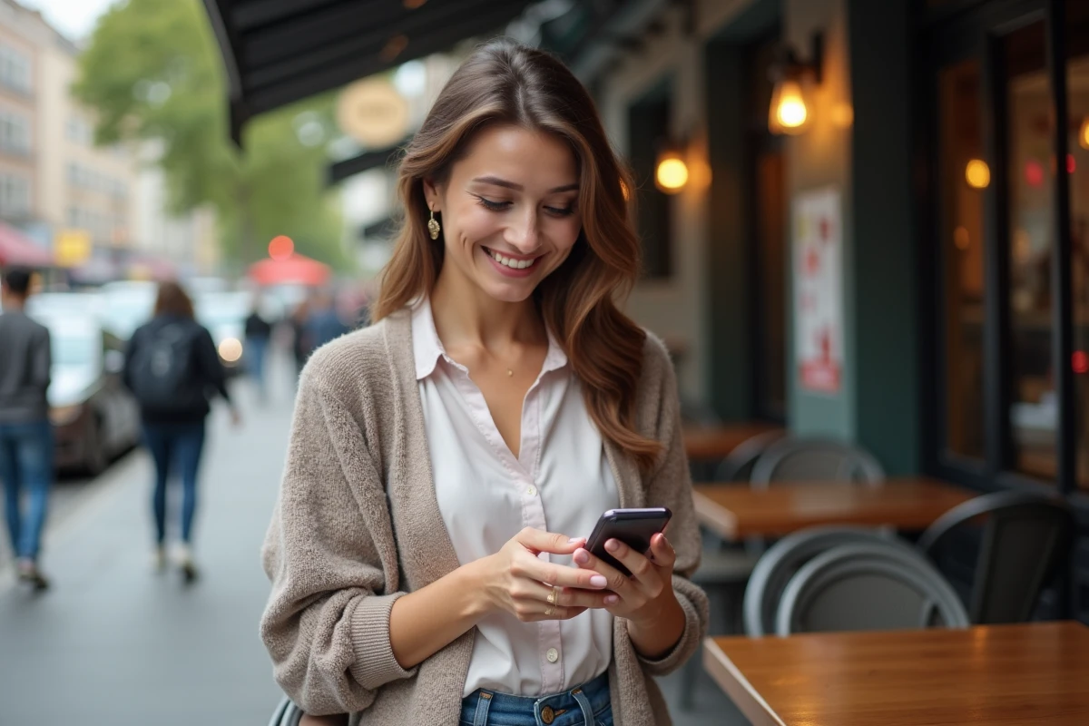 Femme souriante utilisant son smartphone en terrasse urbaine
