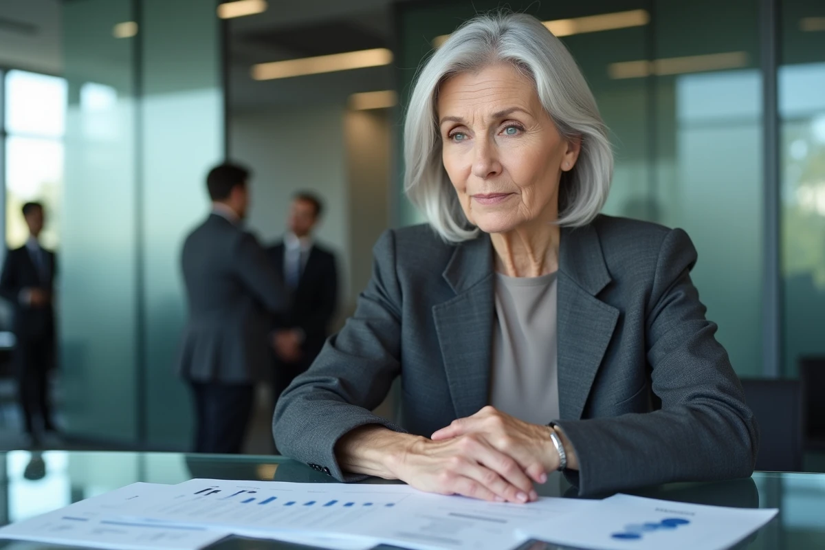 Femme de 55 ans examinant des documents d'allocation de portefeuille ETF dans un bureau financier