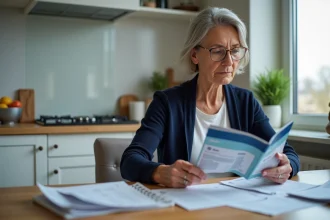 Femme d'âge moyen lisant ses relevés bancaires et Livret A