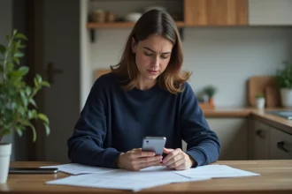 Femme seule consultant des documents administratifs liés au RSA dans un petit appartement modeste