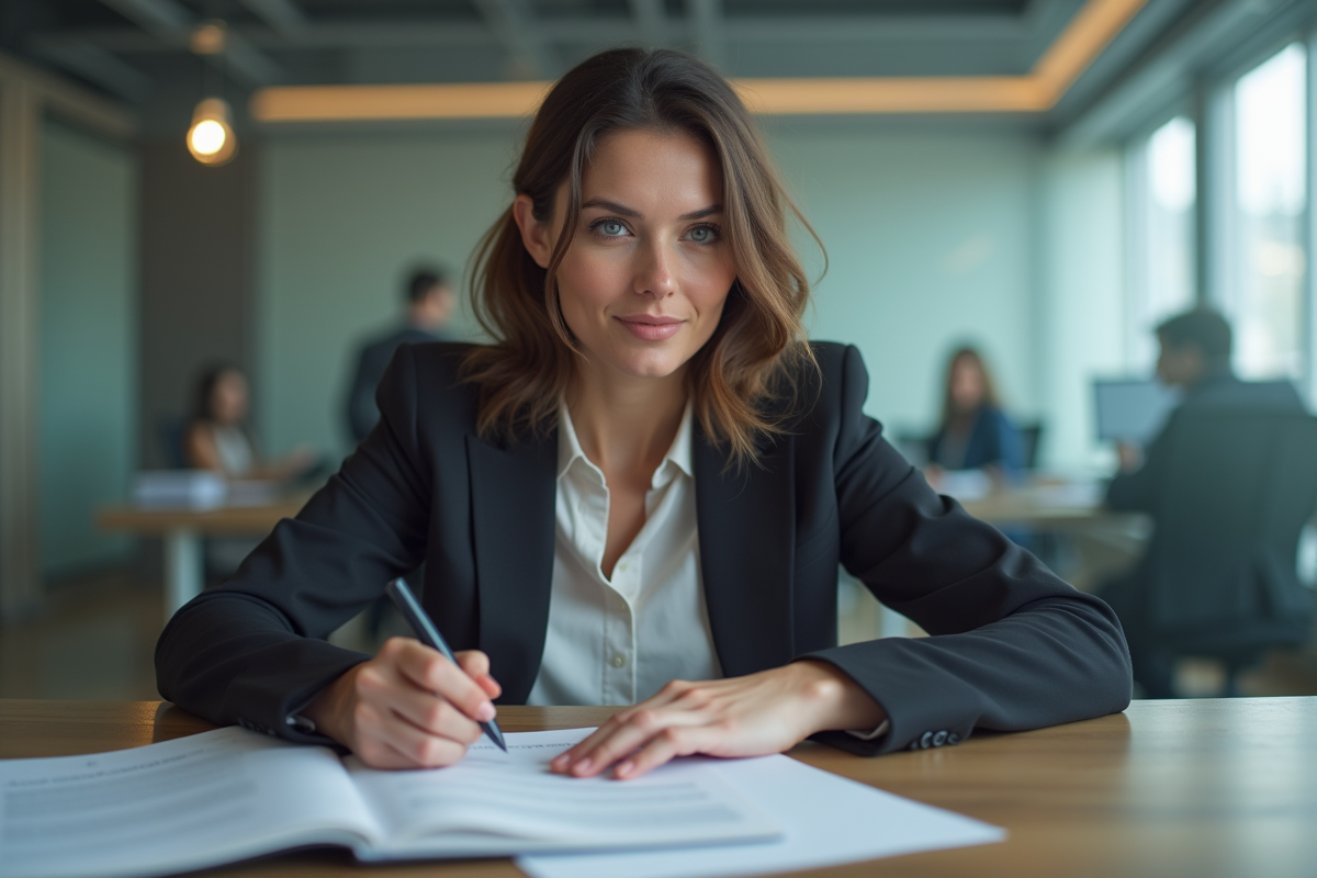 Femme d affaires signant des papiers dans un bureau moderne