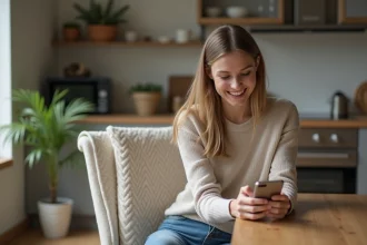 Femme souriante utilisant son smartphone dans la cuisine