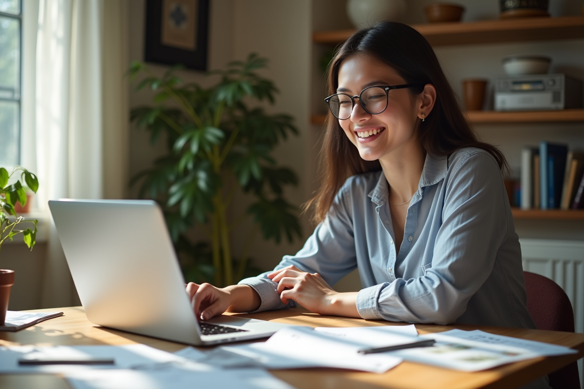 Jeune femme souriante avec ordinateur et papiers pour conseils financiers