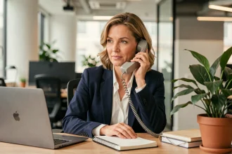 Femme professionnelle au téléphone au bureau pour contacter le service client Cofica Bail