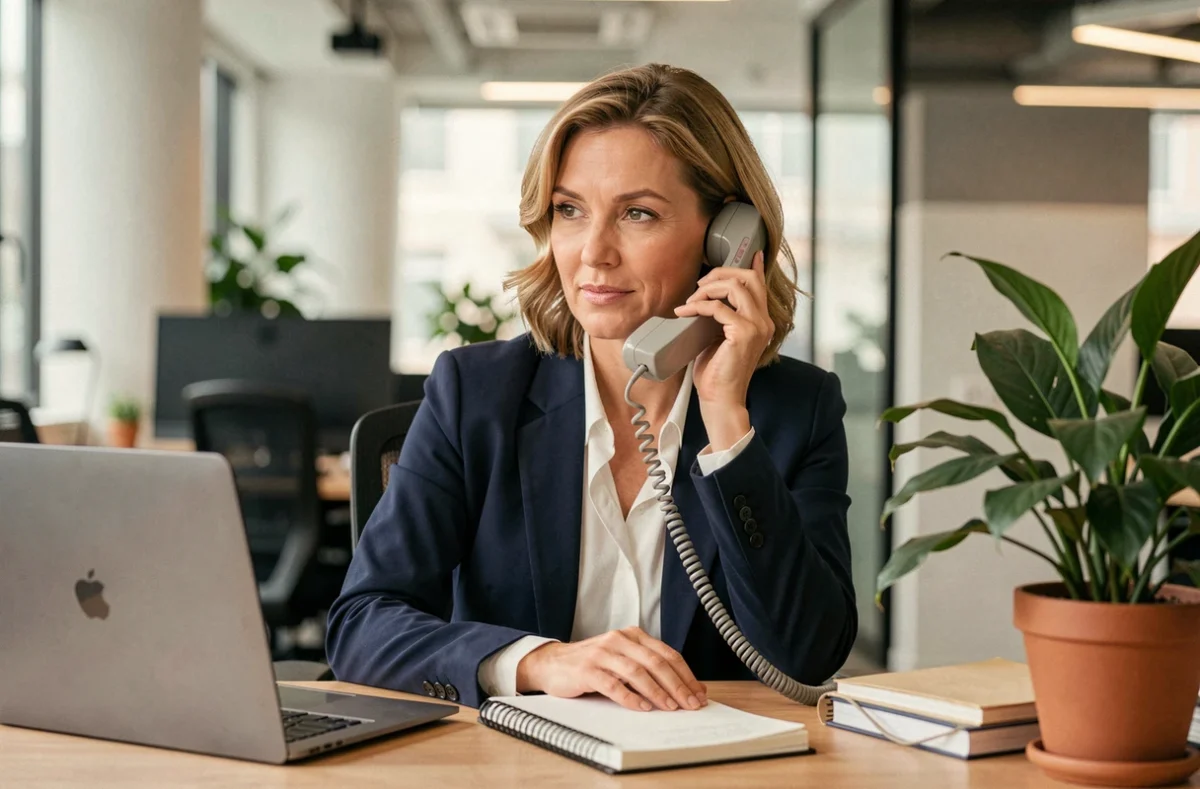 Femme professionnelle au téléphone au bureau pour contacter le service client Cofica Bail