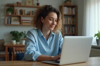Femme souriante utilisant son ordinateur pour suivre ses assurances