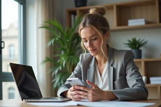 Femme en bureau effectuant une transaction bancaire sur son smartphone