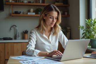 Femme en télétravail à la maison avec ordinateur et papiers