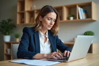 Femme vérifiant un RIB La Banque Postale sur un ordinateur portable à son bureau à domicile