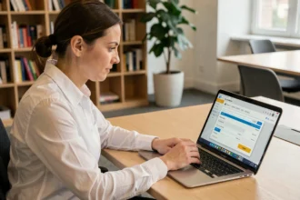 Femme professionnelle remplissant un formulaire de virement bancaire en ligne avec attention au libellé de paiement