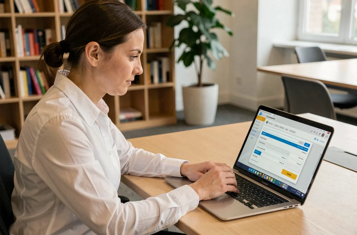 Femme professionnelle remplissant un formulaire de virement bancaire en ligne avec attention au libellé de paiement