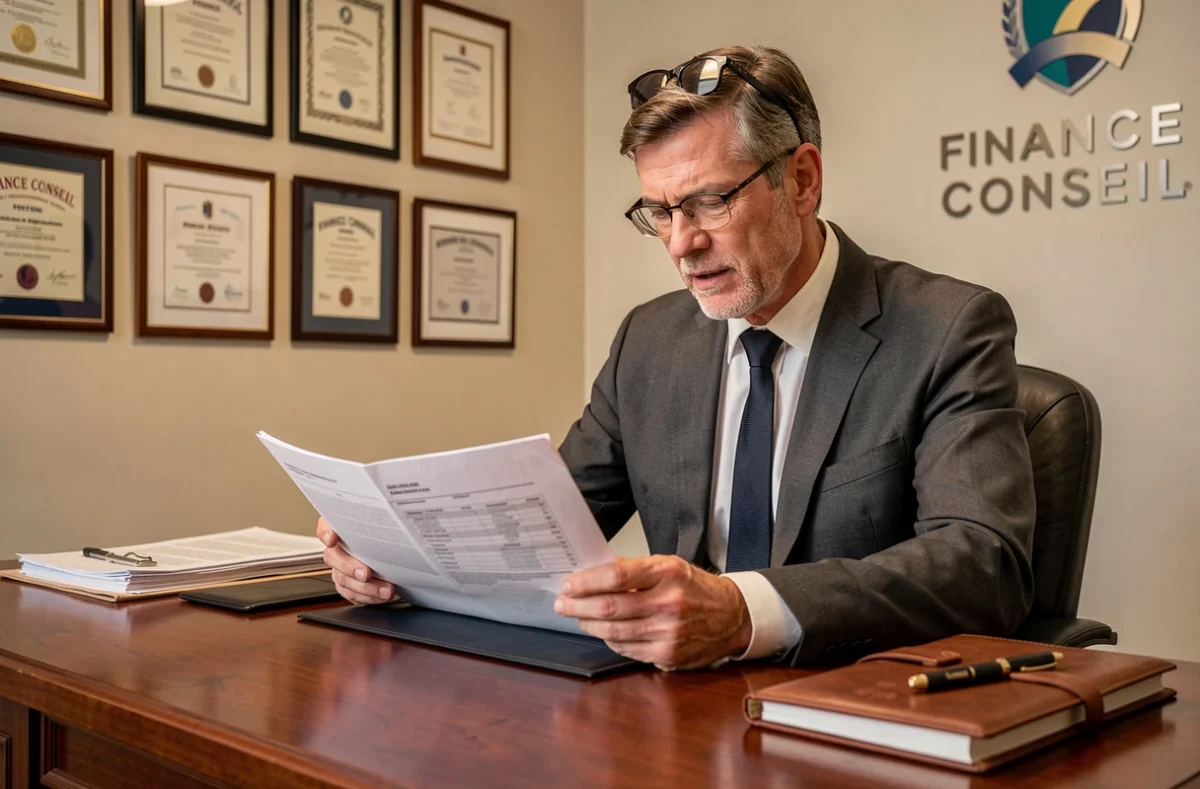 Conseiller Finance Conseil examinant un dossier de prêt immobilier dans un bureau classique avec diplômes au mur