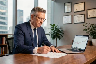 Homme d'affaires signant un contrat de crédit pour financer des parts de SCPI dans un bureau bancaire moderne