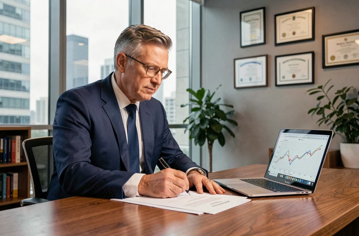 Homme d'affaires signant un contrat de crédit pour financer des parts de SCPI dans un bureau bancaire moderne
