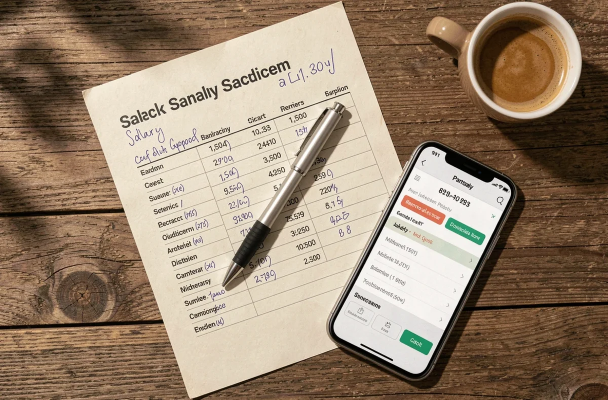 Vue de dessus d'un bureau avec une feuille de calcul de salaire annotée à la main, un smartphone et un café, symbolisant le calcul du net à partir du brut