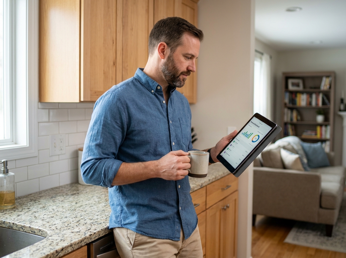 Fonctionnaire consultant une application de gestion budgétaire sur tablette dans sa cuisine moderne