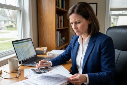 Fonctionnaire féminine en blazer marine examinant des documents financiers à son bureau à domicile
