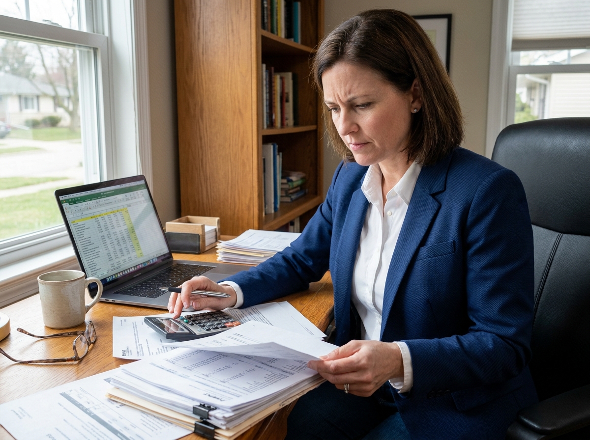 Fonctionnaire féminine en blazer marine examinant des documents financiers à son bureau à domicile