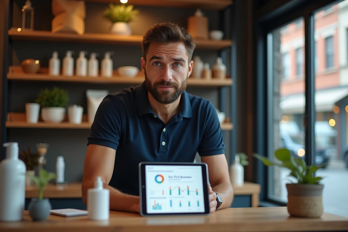 Gérant d'une TPE consultant un tableau de bord SEO local sur tablette dans sa petite boutique