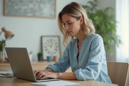 Femme gérant son compte bancaire en ligne depuis son bureau à domicile avec un ordinateur portable