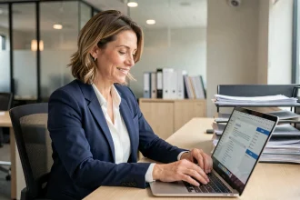 Femme professionnelle gérant ses documents numériques sur un ordinateur portable dans un bureau moderne