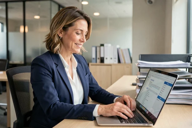 Femme professionnelle gérant ses documents numériques sur un ordinateur portable dans un bureau moderne