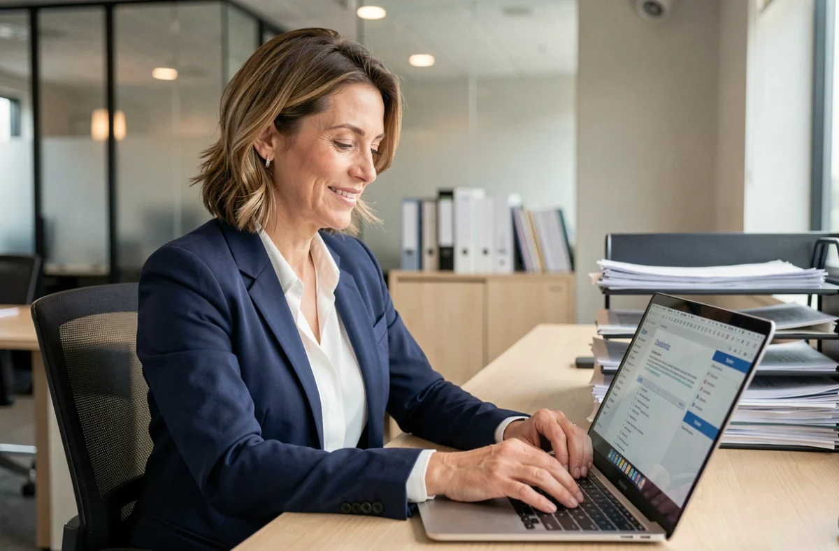 Femme professionnelle gérant ses documents numériques sur un ordinateur portable dans un bureau moderne