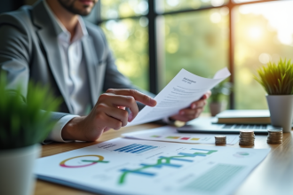 Personne d affaires examinant documents financiers et emissions de carbone