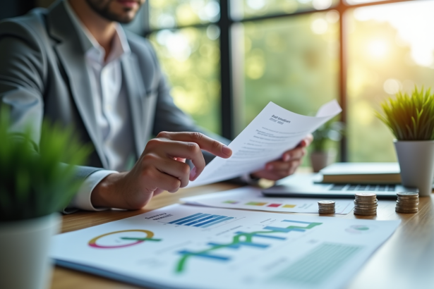 Personne d affaires examinant documents financiers et emissions de carbone