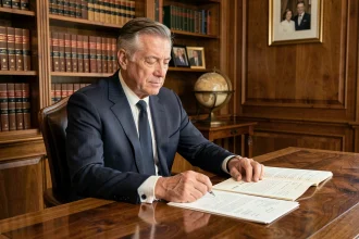 Homme distingué en costume sombre consultant des documents patrimoniaux dans un bureau privé élégant, évoquant la gestion d'un héritage familial
