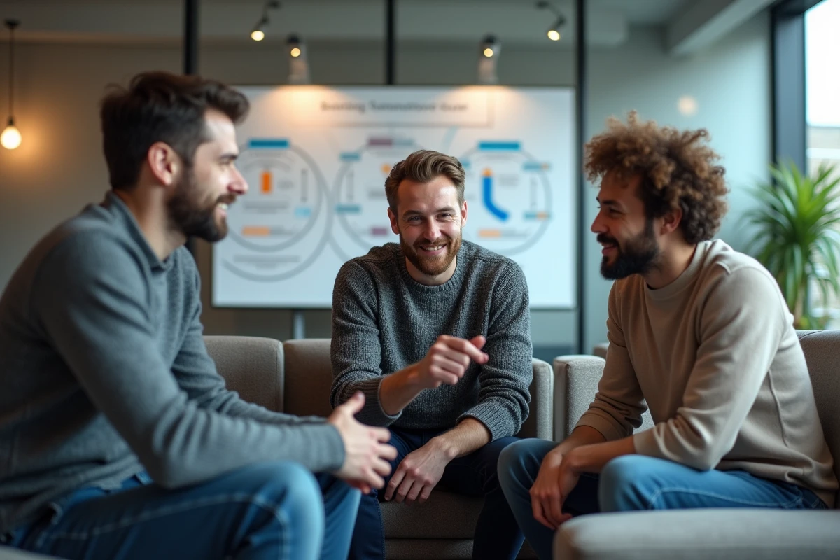 Groupe de trois personnes discutant autour d un écran de minage