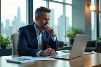 Homme d'affaires en costume analyse des graphiques financiers