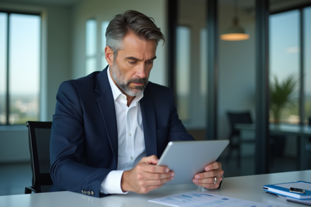 Homme d'affaires en costume regardant des documents financiers