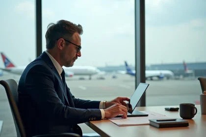 Homme d'affaires en costume regardant des rapports financiers près d'un aéroport