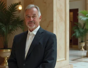 Homme d'affaires élégant en costume marine dans le hall d'un hôtel de luxe, symbolisant la fortune et le patrimoine discret