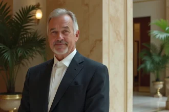 Homme d'affaires élégant en costume marine dans le hall d'un hôtel de luxe, symbolisant la fortune et le patrimoine discret