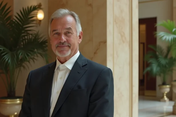 Homme d'affaires élégant en costume marine dans le hall d'un hôtel de luxe, symbolisant la fortune et le patrimoine discret