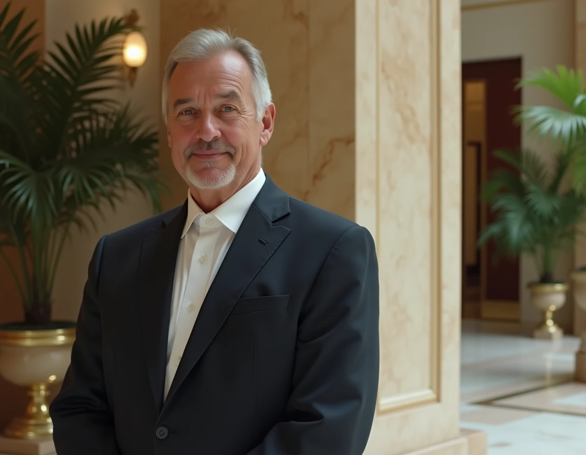 Homme d'affaires élégant en costume marine dans le hall d'un hôtel de luxe, symbolisant la fortune et le patrimoine discret