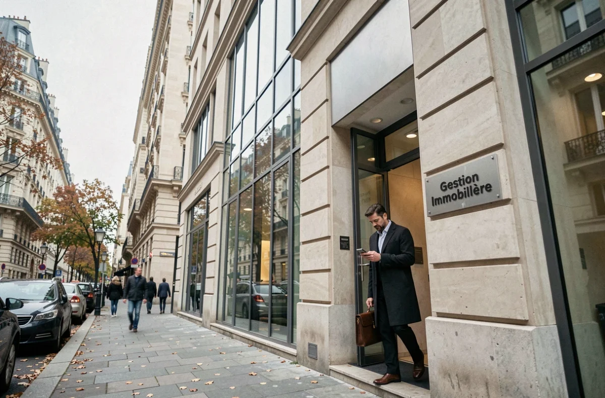 Homme d'affaires sortant d'un immeuble de bureaux dans un quartier urbain français lié à l'investissement immobilier SCPI