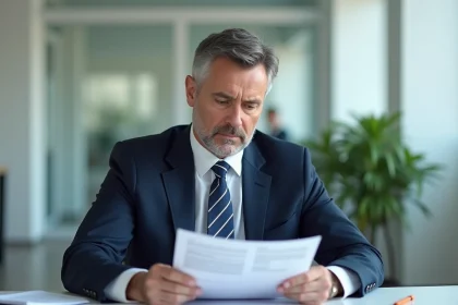 Homme d'affaires en costume lisant des papiers au bureau
