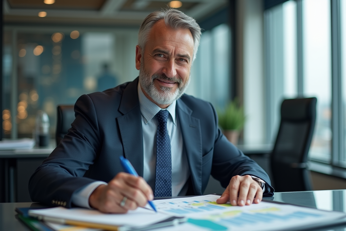 Homme d'affaires confiant dans un bureau moderne avec vue urbaine