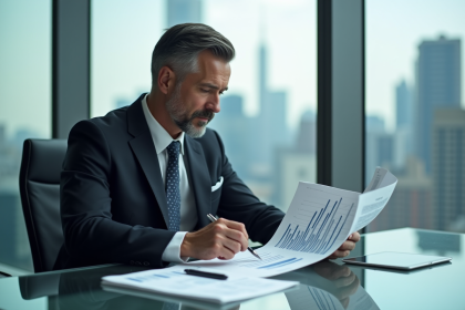 Homme d'affaires en costume examine des graphiques financiers