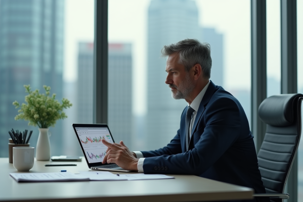 Homme d'affaires en costume étudiant un graphique boursier